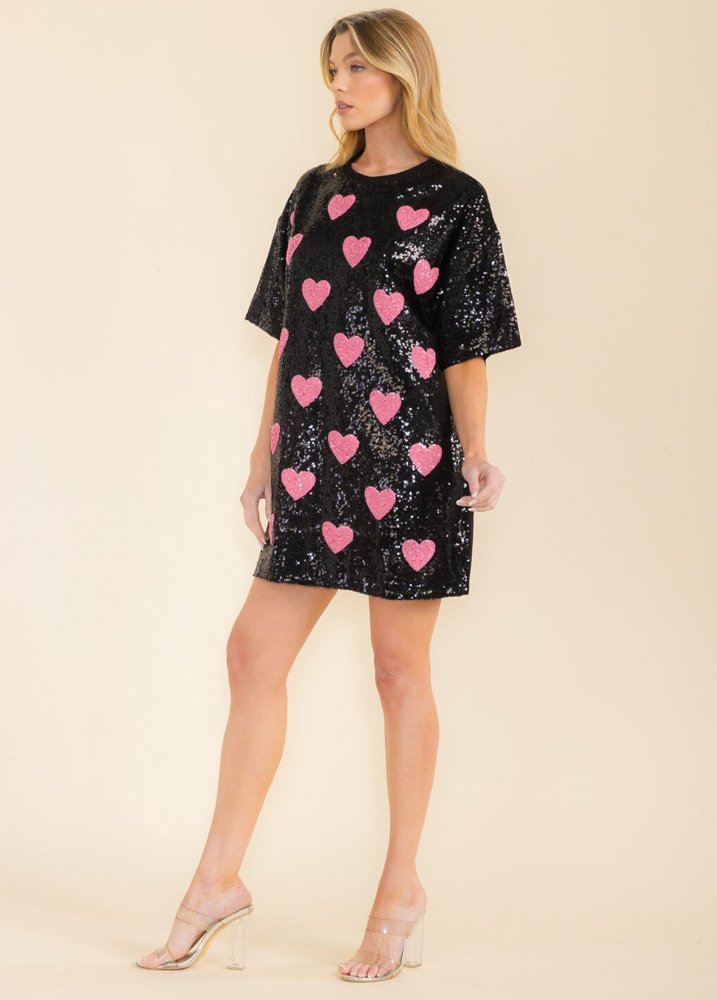 WOMEN'S SHORT SLEEVE FRONT POCKETS SEQUINS HEART TUNIC MINI DRESS