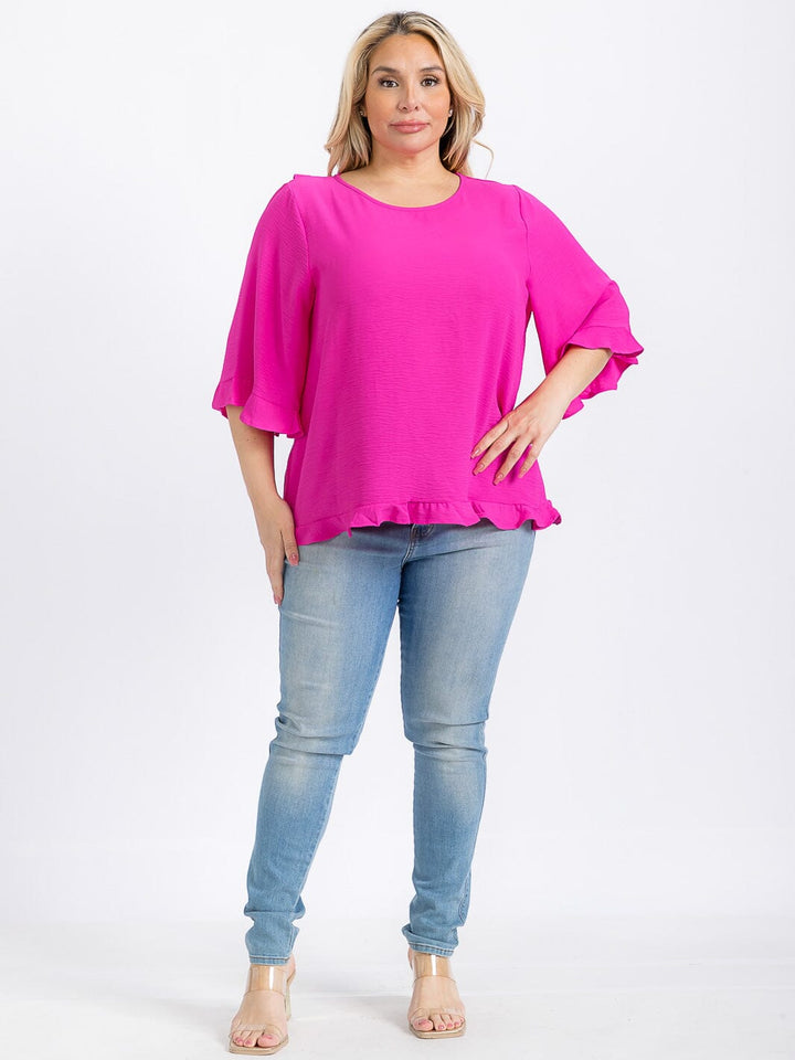 PLUS SIZE SHORT SLEEVE BACK RUFFLE TUNIC BLOUSE