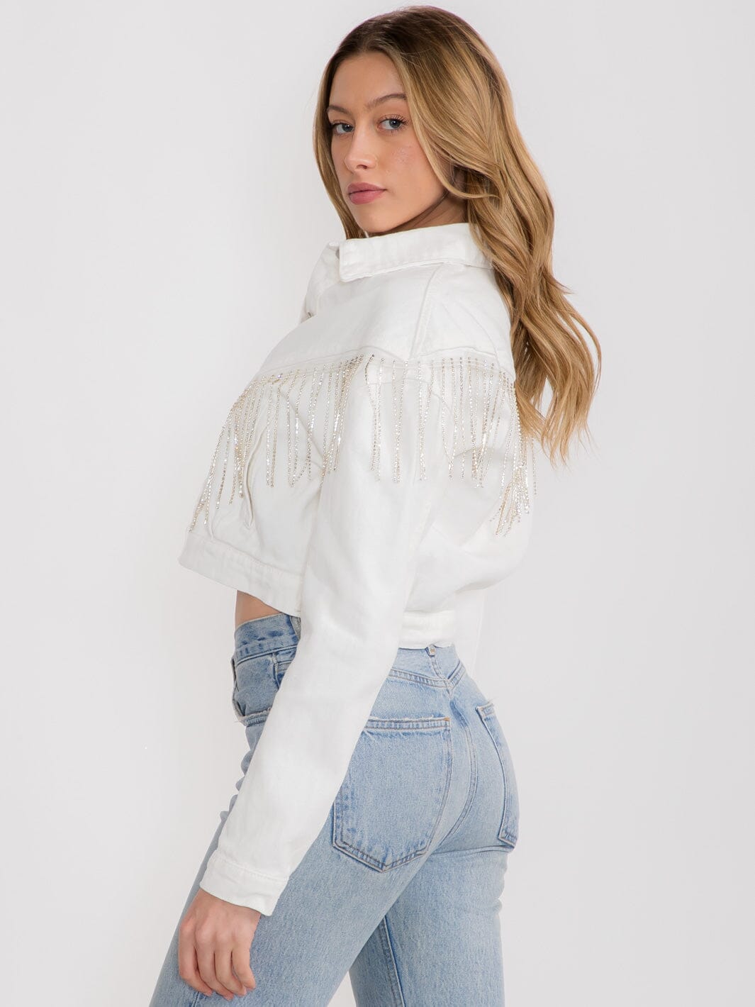 WOMEN'S LONG SLEEVES BUTTON CLOSURE FRINGE STUDS DENIM JACKET