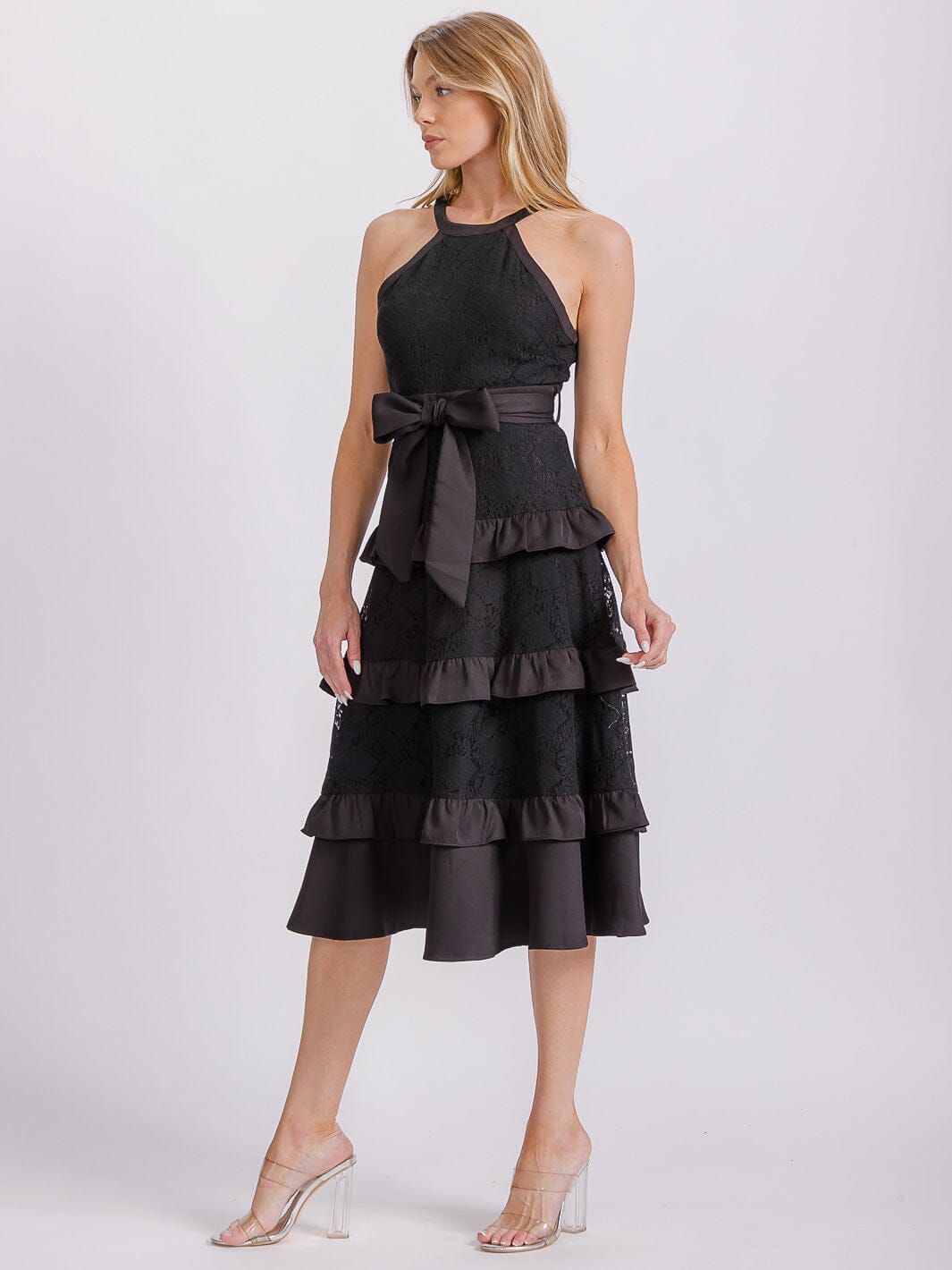 WOMEN'S SLEEVELESS HALTER NECK RUFFLE TIERED LACE SELF TIE MIDI DRESS