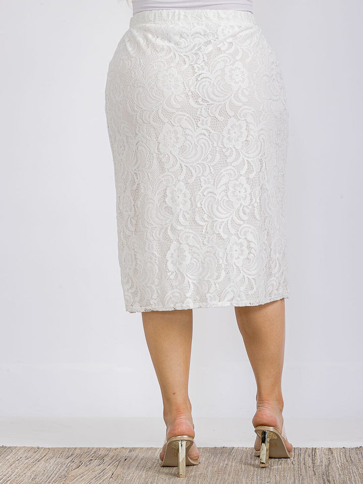 PLUS SIZE ELASTIC WAIST ALLOVER LACE MIDI SKIRT