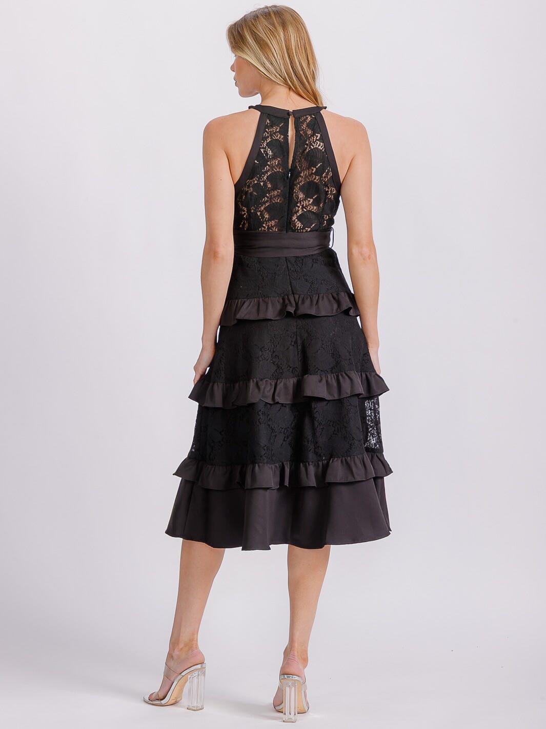 WOMEN'S SLEEVELESS HALTER NECK RUFFLE TIERED LACE SELF TIE MIDI DRESS