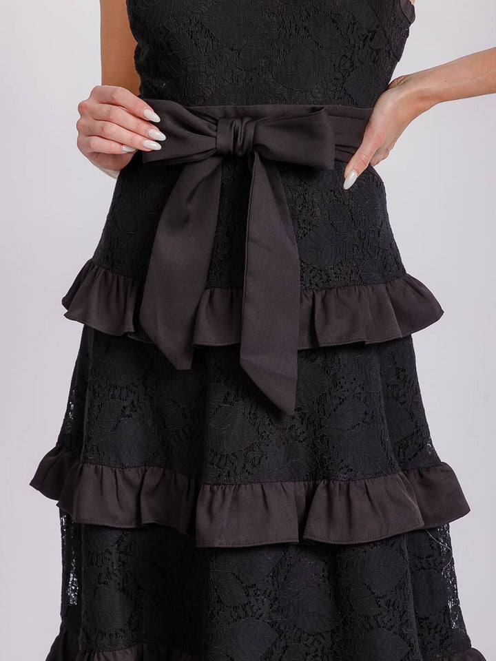 WOMEN'S SLEEVELESS HALTER NECK RUFFLE TIERED LACE SELF TIE MIDI DRESS