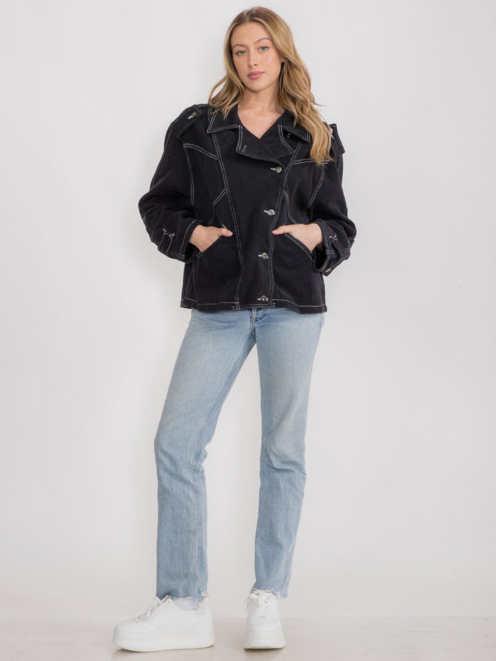 WOMEN'S LONG SLEEVE BUTTON UP FRONT POCKETS DENIM JACKET