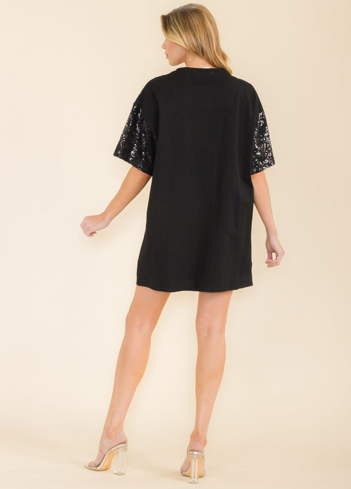 WOMEN'S SHORT SLEEVE FRONT POCKETS SEQUINS HEART TUNIC MINI DRESS