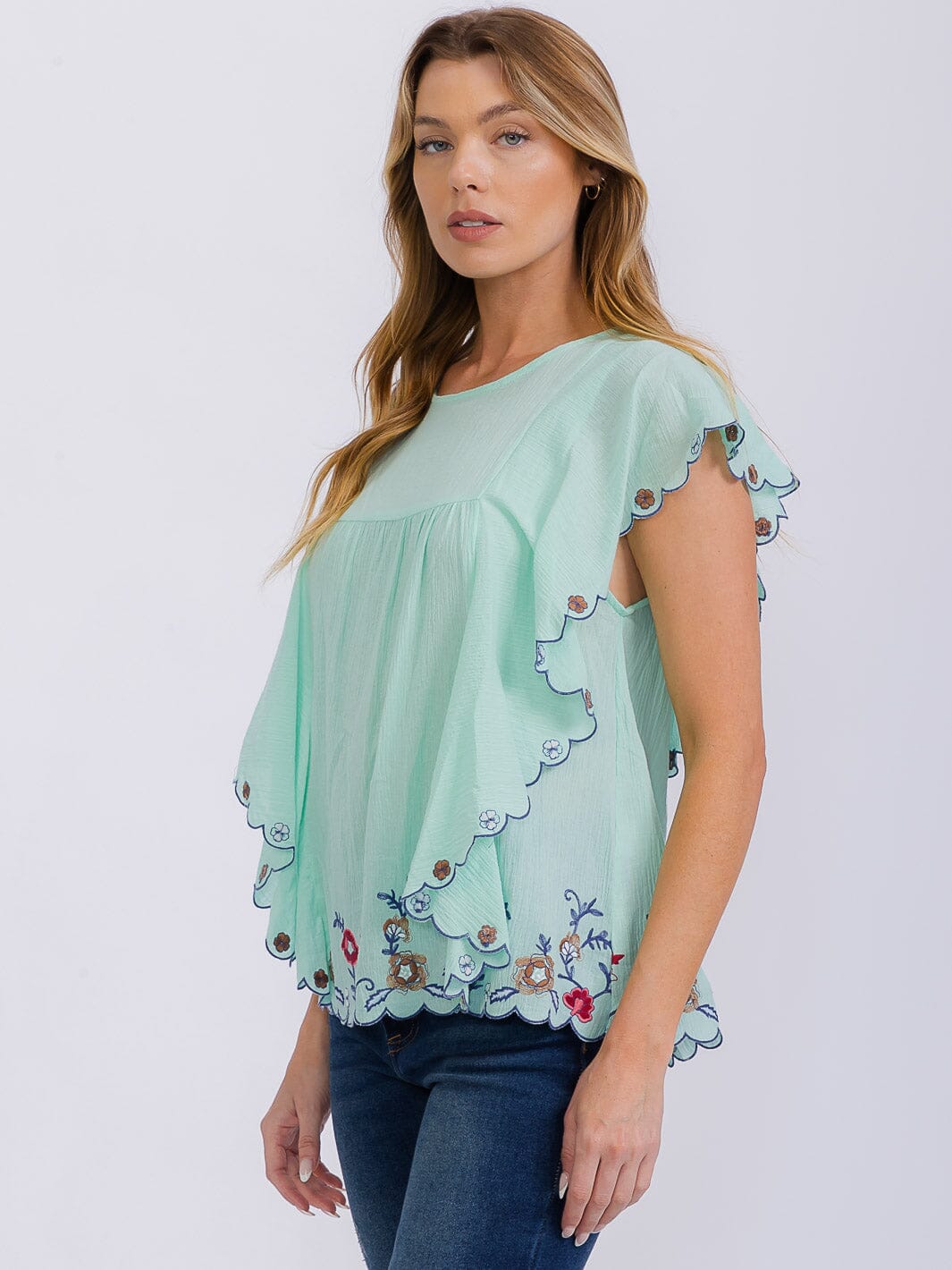 WOMEN'S SHORT SLEEVE RUFFLE EMBROIDERY DETAILED BLOUSE