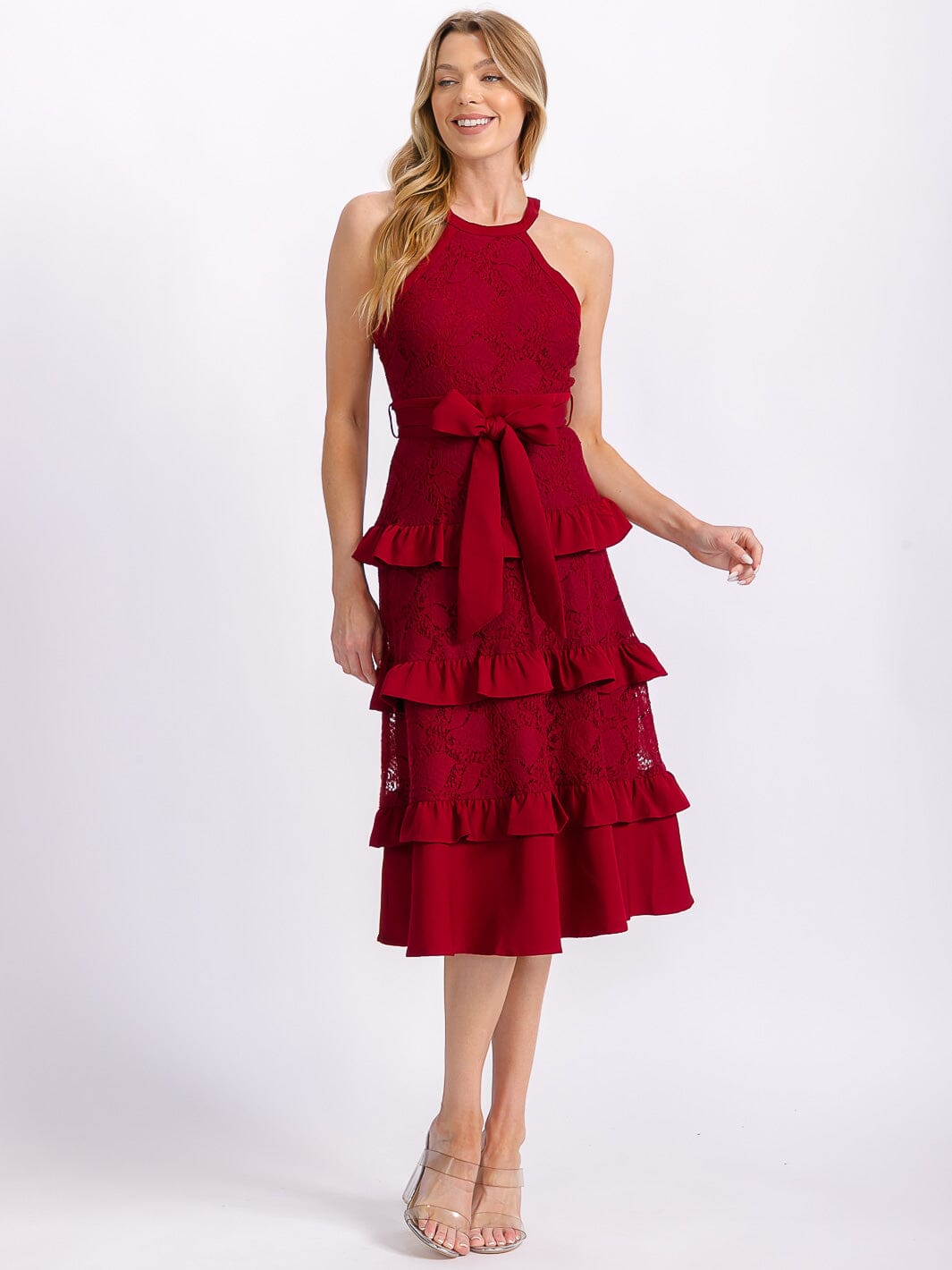 WOMEN'S SLEEVELESS HALTER NECK RUFFLE TIERED LACE SELF TIE MIDI DRESS