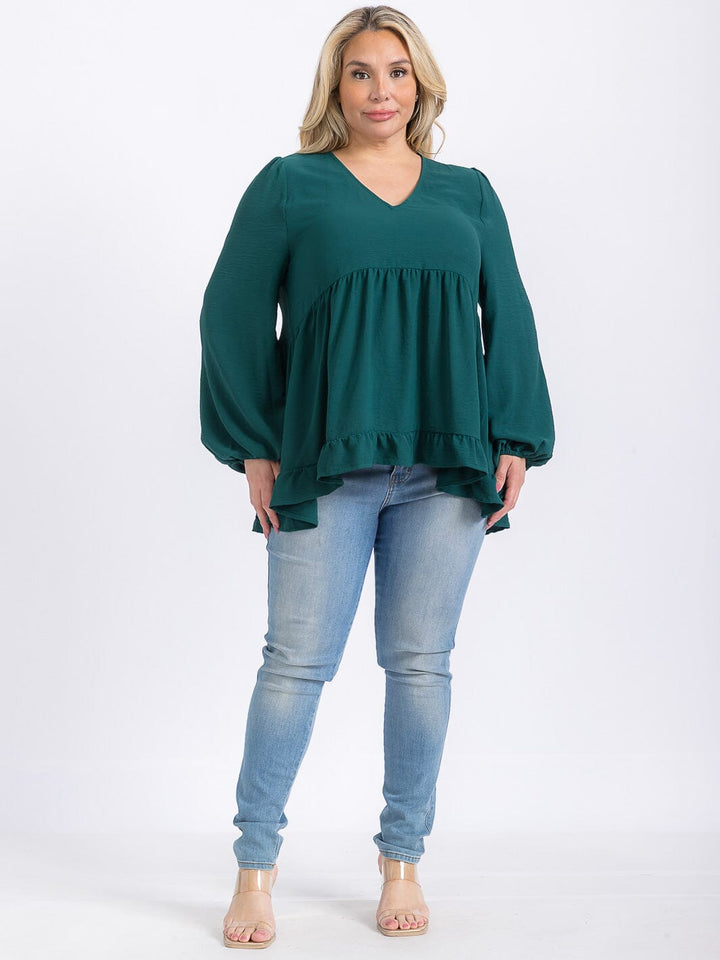 PLUS SIZE LONG SLEEVE V-NECK RUFFLE HIGH-LOW BLOUSE