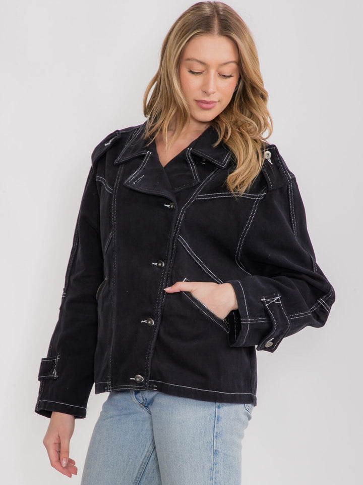 WOMEN'S LONG SLEEVE BUTTON UP FRONT POCKETS DENIM JACKET