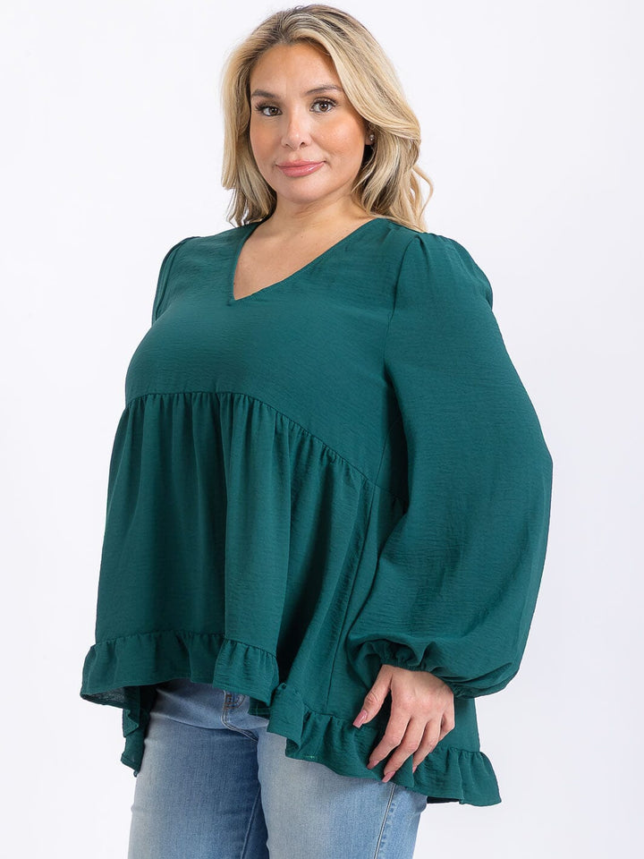 PLUS SIZE LONG SLEEVE V-NECK RUFFLE HIGH-LOW BLOUSE