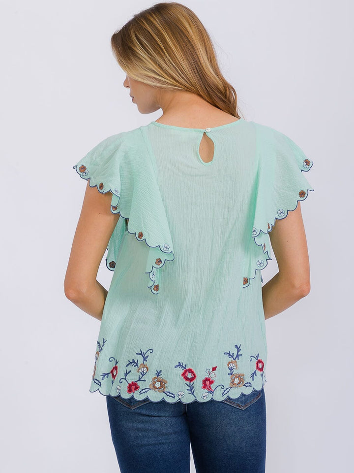 WOMEN'S SHORT SLEEVE RUFFLE EMBROIDERY DETAILED BLOUSE
