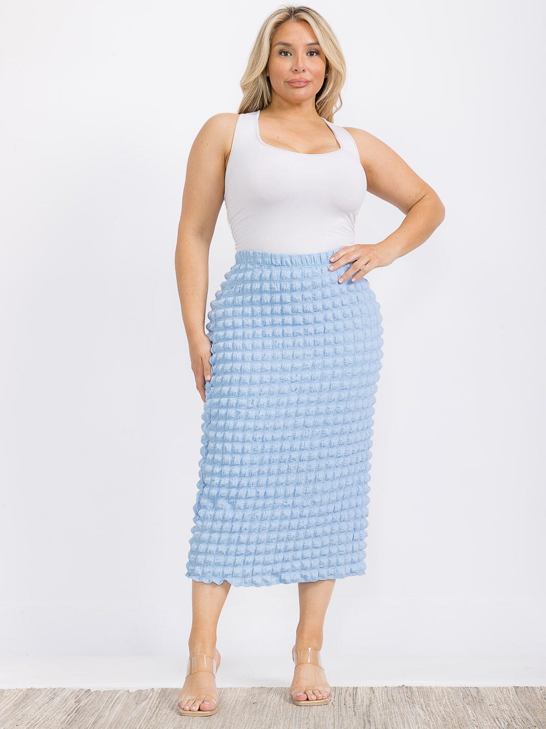 PLUS SIZE ELASTIC WAIST WAFFLE MIDI SKIRT