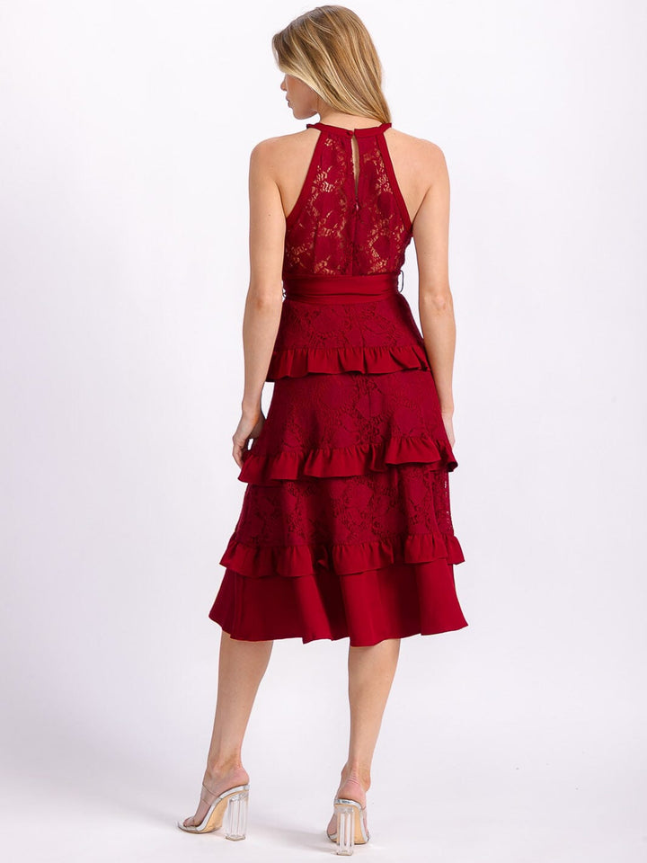 WOMEN'S SLEEVELESS HALTER NECK RUFFLE TIERED LACE SELF TIE MIDI DRESS