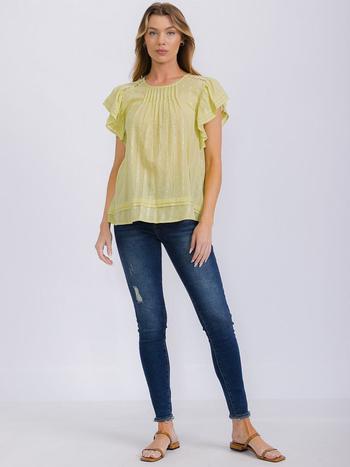 WOMEN'S SHORT RUFFLE SLEEVE SHIMMER DETILED TUNIC BLOUSE