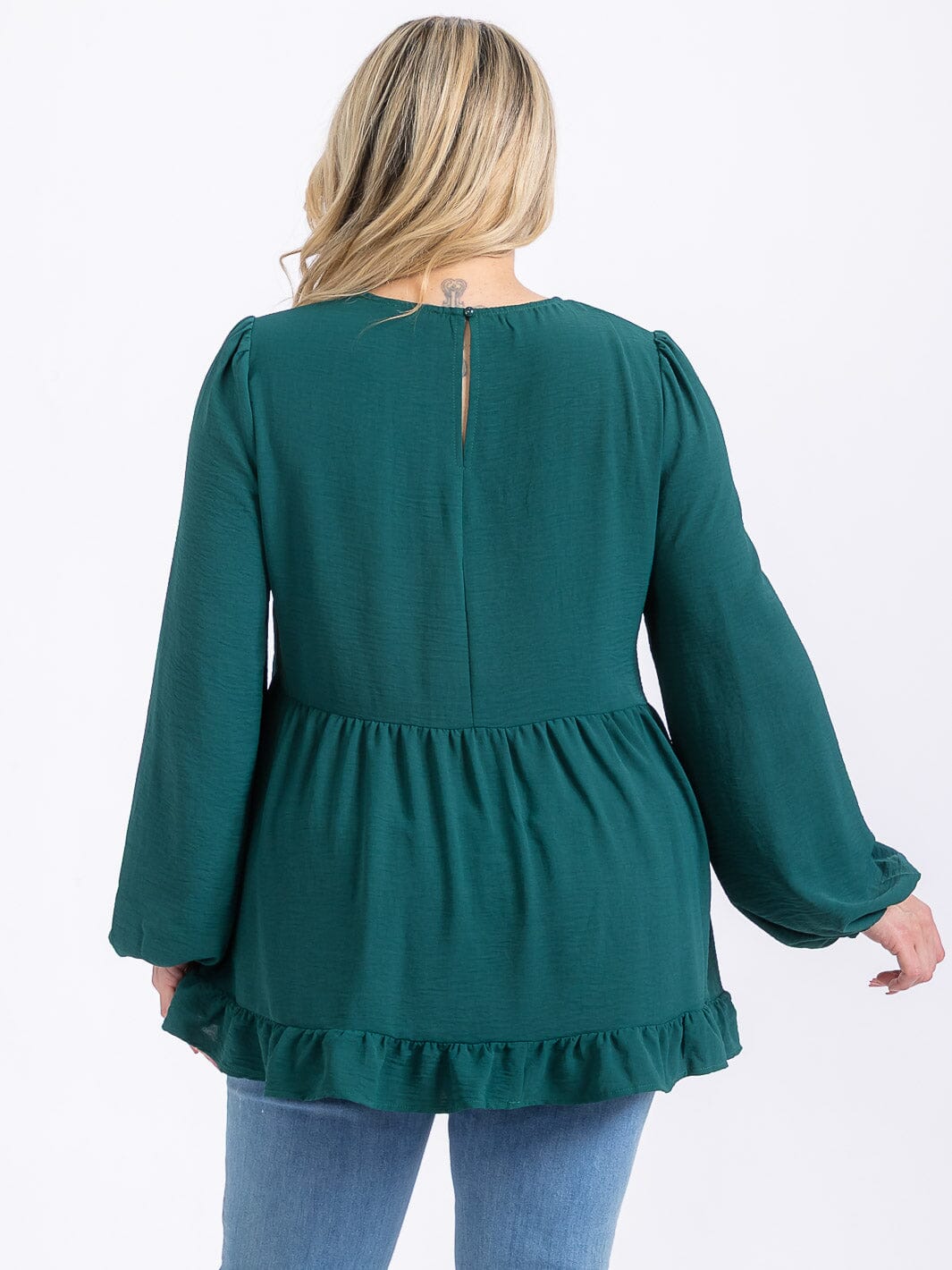 PLUS SIZE LONG SLEEVE V-NECK RUFFLE HIGH-LOW BLOUSE