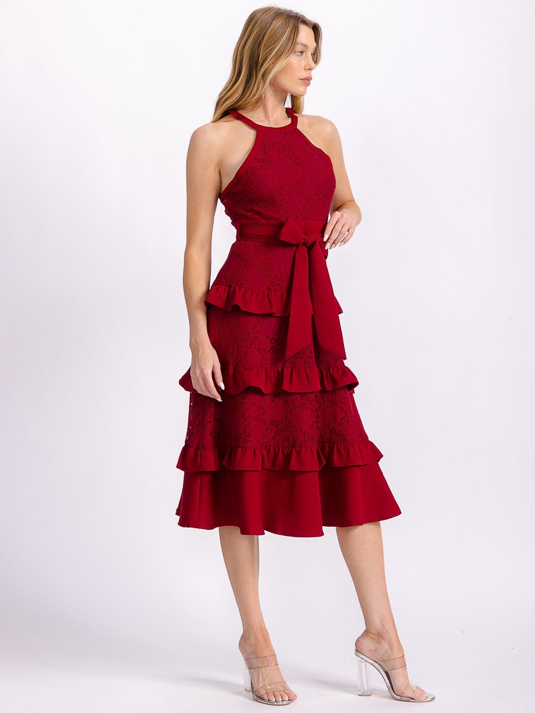 WOMEN'S SLEEVELESS HALTER NECK RUFFLE TIERED LACE SELF TIE MIDI DRESS