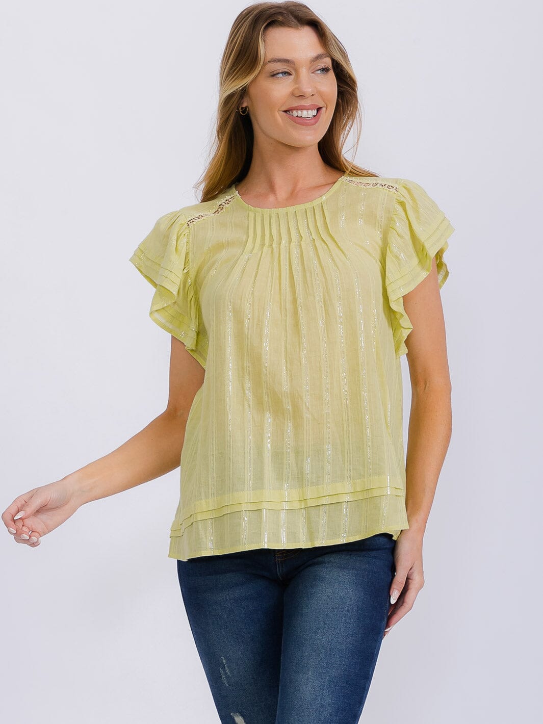 WOMEN'S SHORT RUFFLE SLEEVE SHIMMER DETILED TUNIC BLOUSE