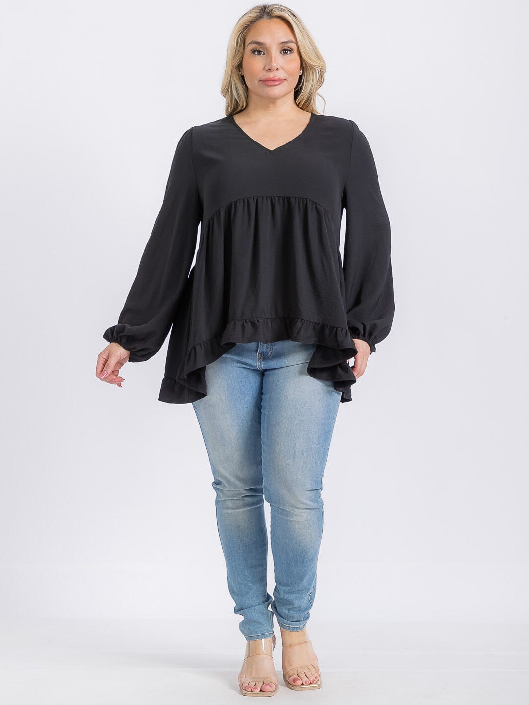 PLUS SIZE LONG SLEEVE V-NECK RUFFLE HIGH-LOW BLOUSE