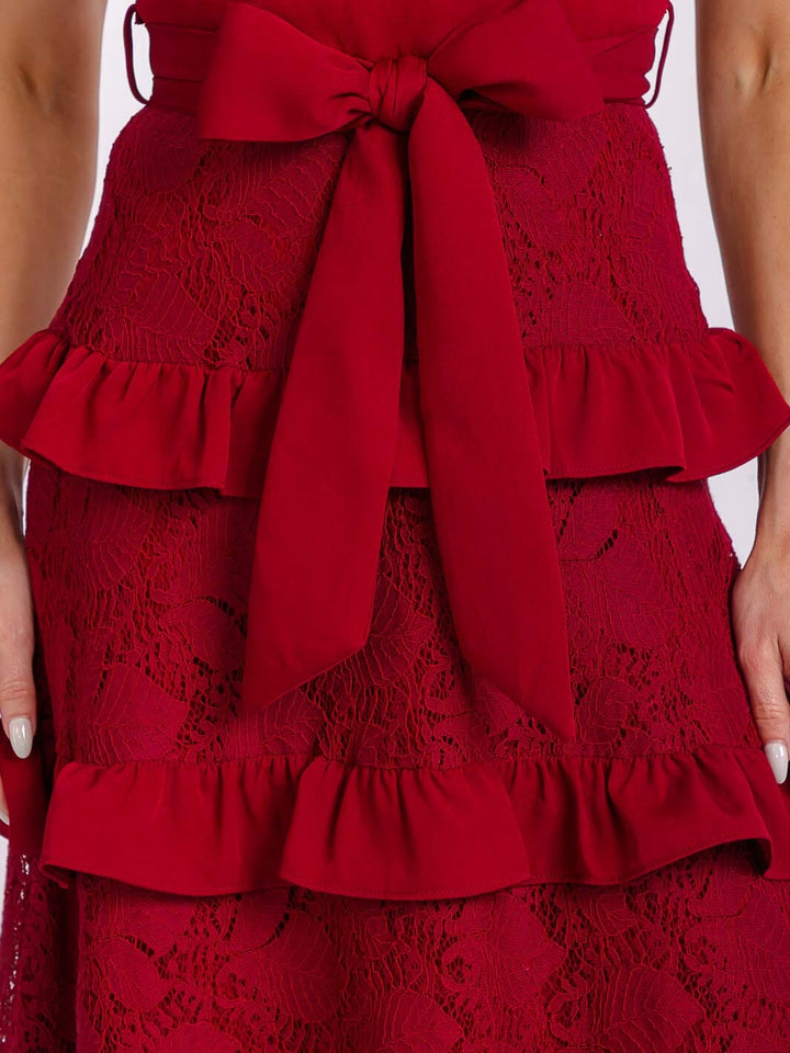 WOMEN'S SLEEVELESS HALTER NECK RUFFLE TIERED LACE SELF TIE MIDI DRESS