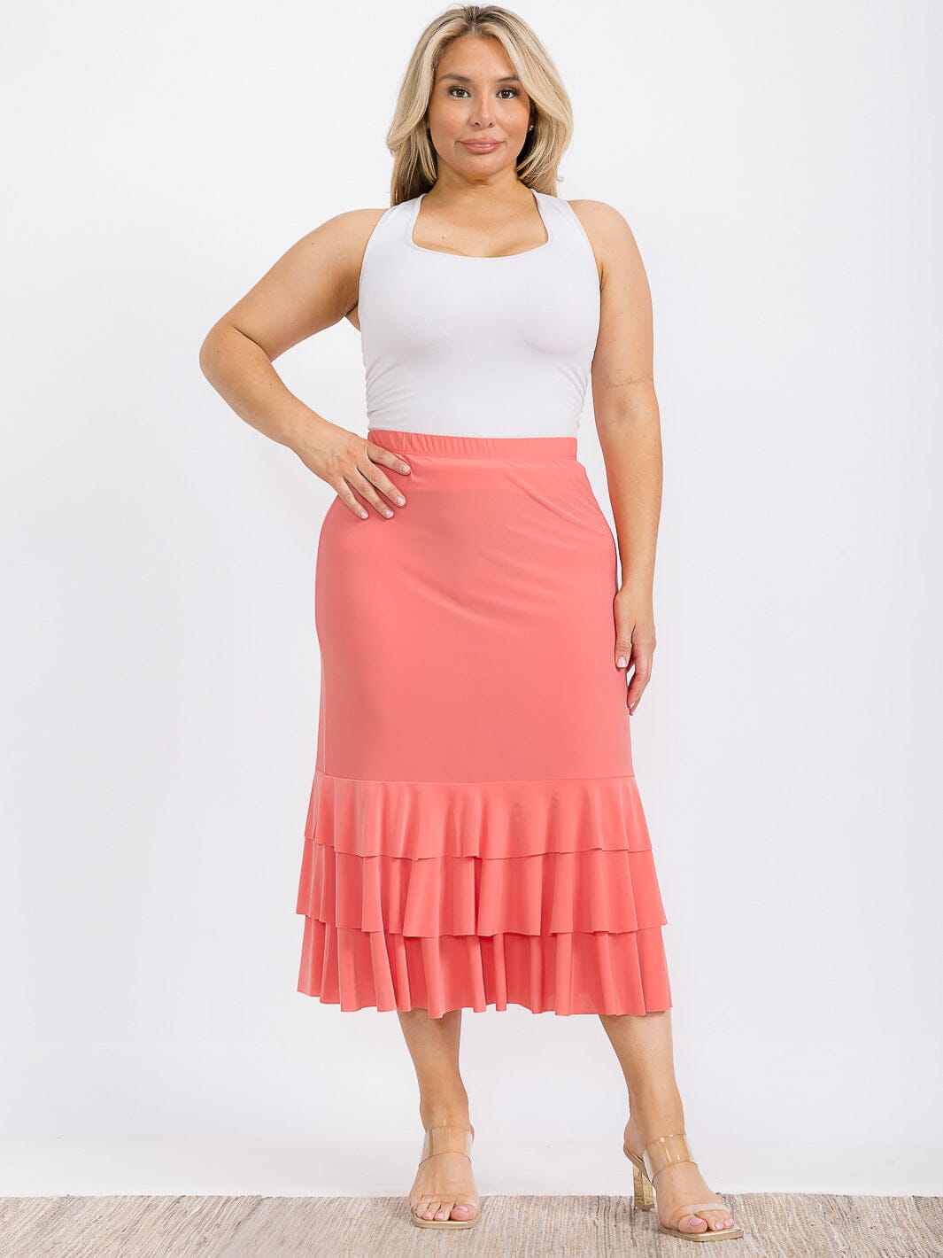 PLUS SIZE ELASTIC WAIST RUFFLE TIERED BOTTOM HEM MIDI SKIRT