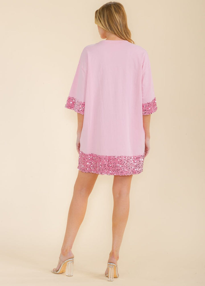 WOMEN'S SHORT SLEEVE FRONT POCKETS SEQUINS TRIM TUNIC MINI DRESS