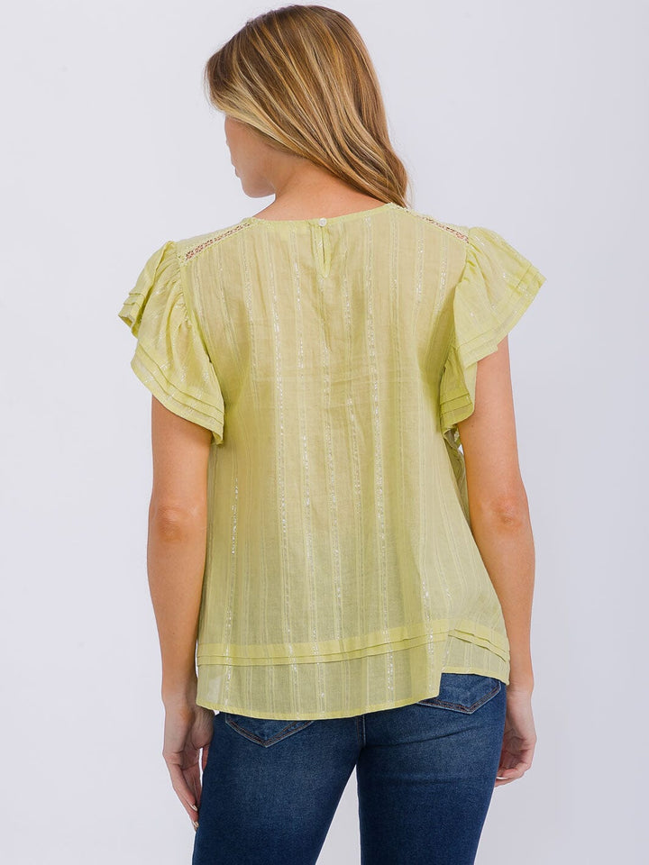 WOMEN'S SHORT RUFFLE SLEEVE SHIMMER DETILED TUNIC BLOUSE