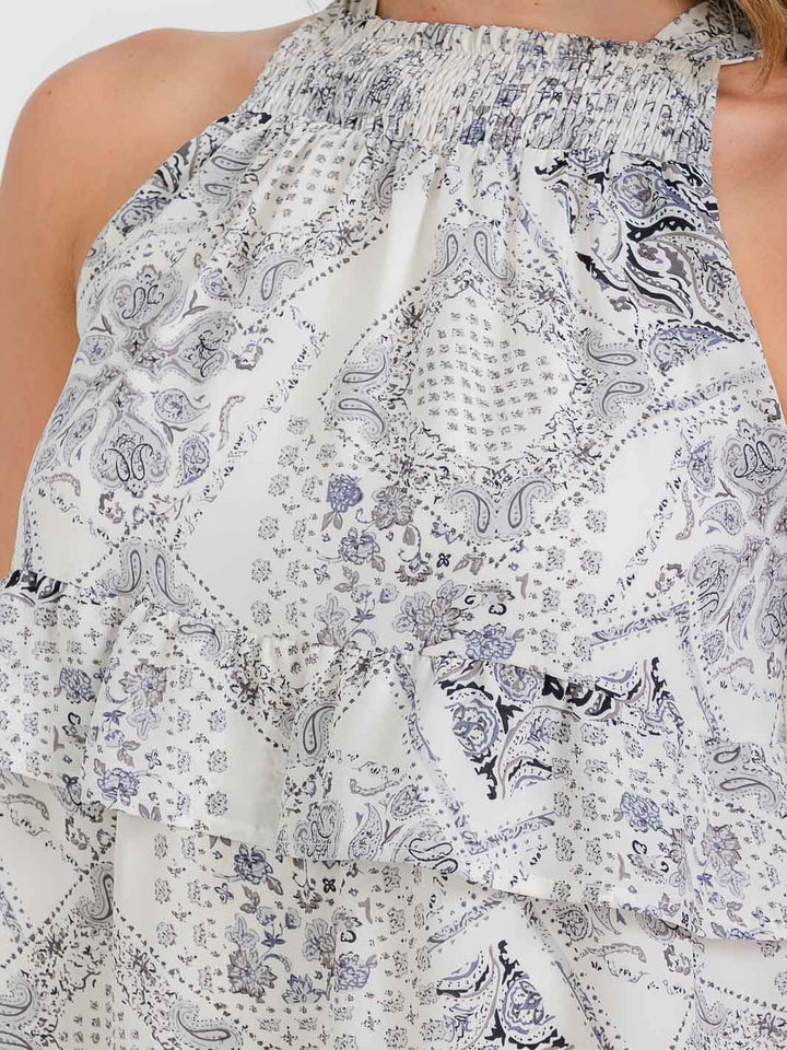 WOMEN'S SLEEVELESS SMOCK RUFFLE TIERED MULTI PRINT MINI DRESS