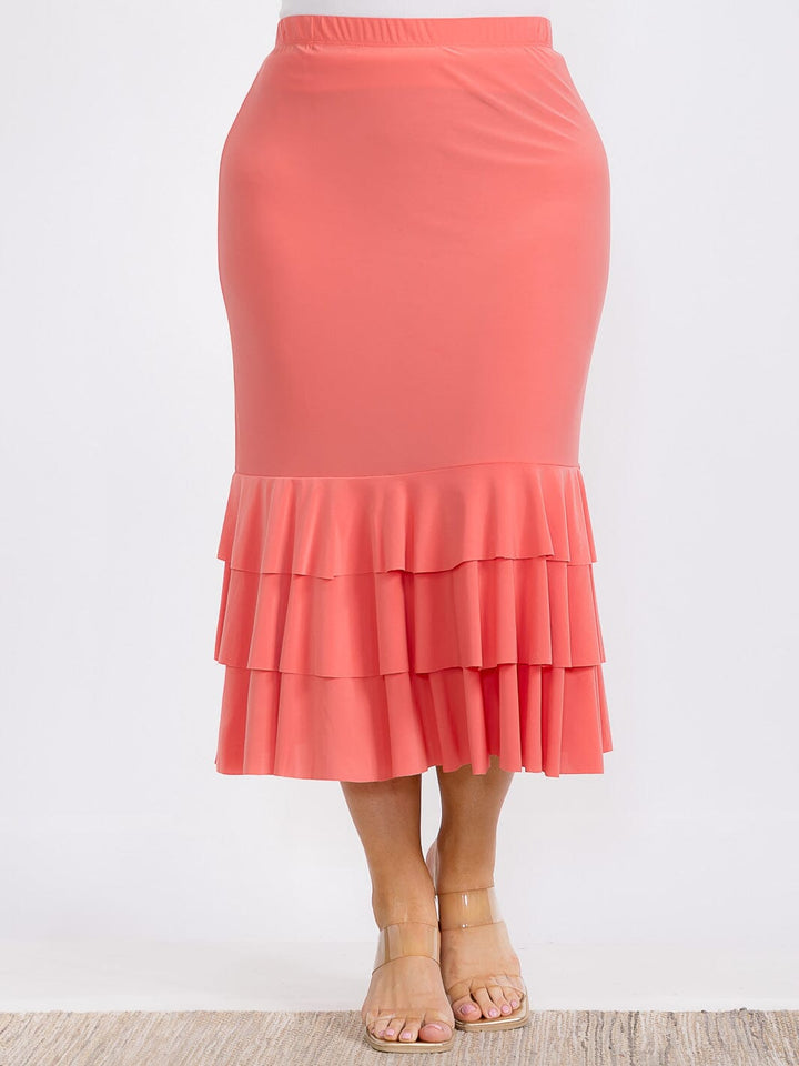 PLUS SIZE ELASTIC WAIST RUFFLE TIERED BOTTOM HEM MIDI SKIRT