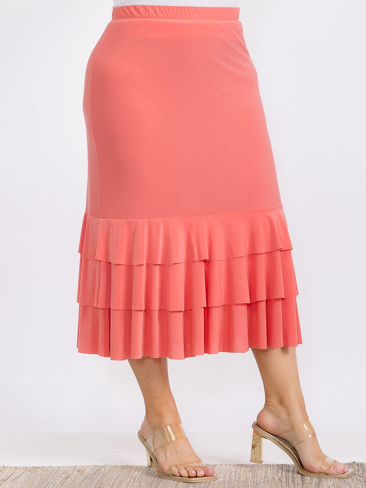 PLUS SIZE ELASTIC WAIST RUFFLE TIERED BOTTOM HEM MIDI SKIRT