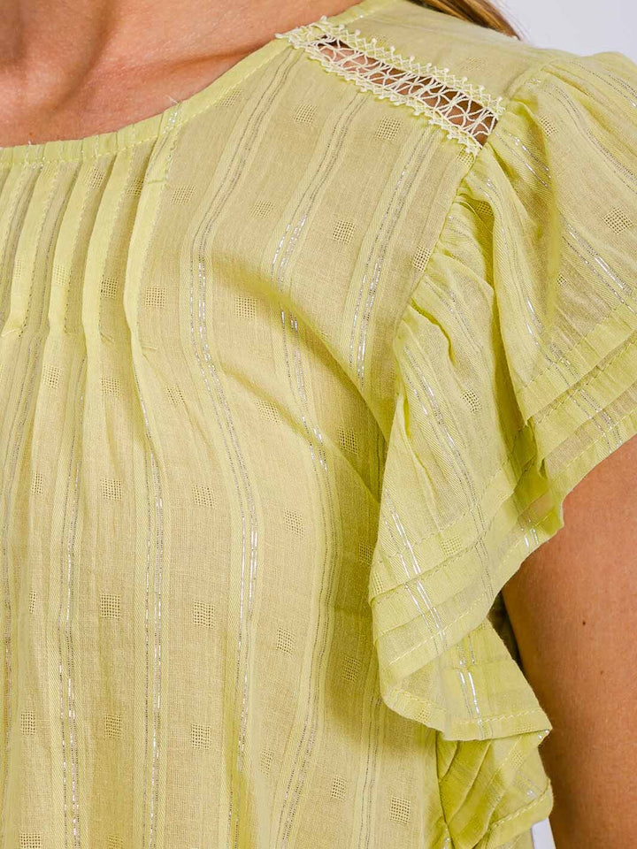 WOMEN'S SHORT RUFFLE SLEEVE SHIMMER DETILED TUNIC BLOUSE