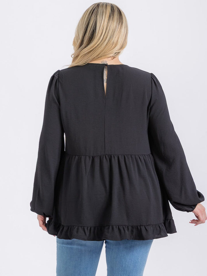 PLUS SIZE LONG SLEEVE V-NECK RUFFLE HIGH-LOW BLOUSE