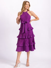 WOMEN'S SLEEVELESS HALTER NECK RUFFLE TIERED LACE SELF TIE MIDI DRESS