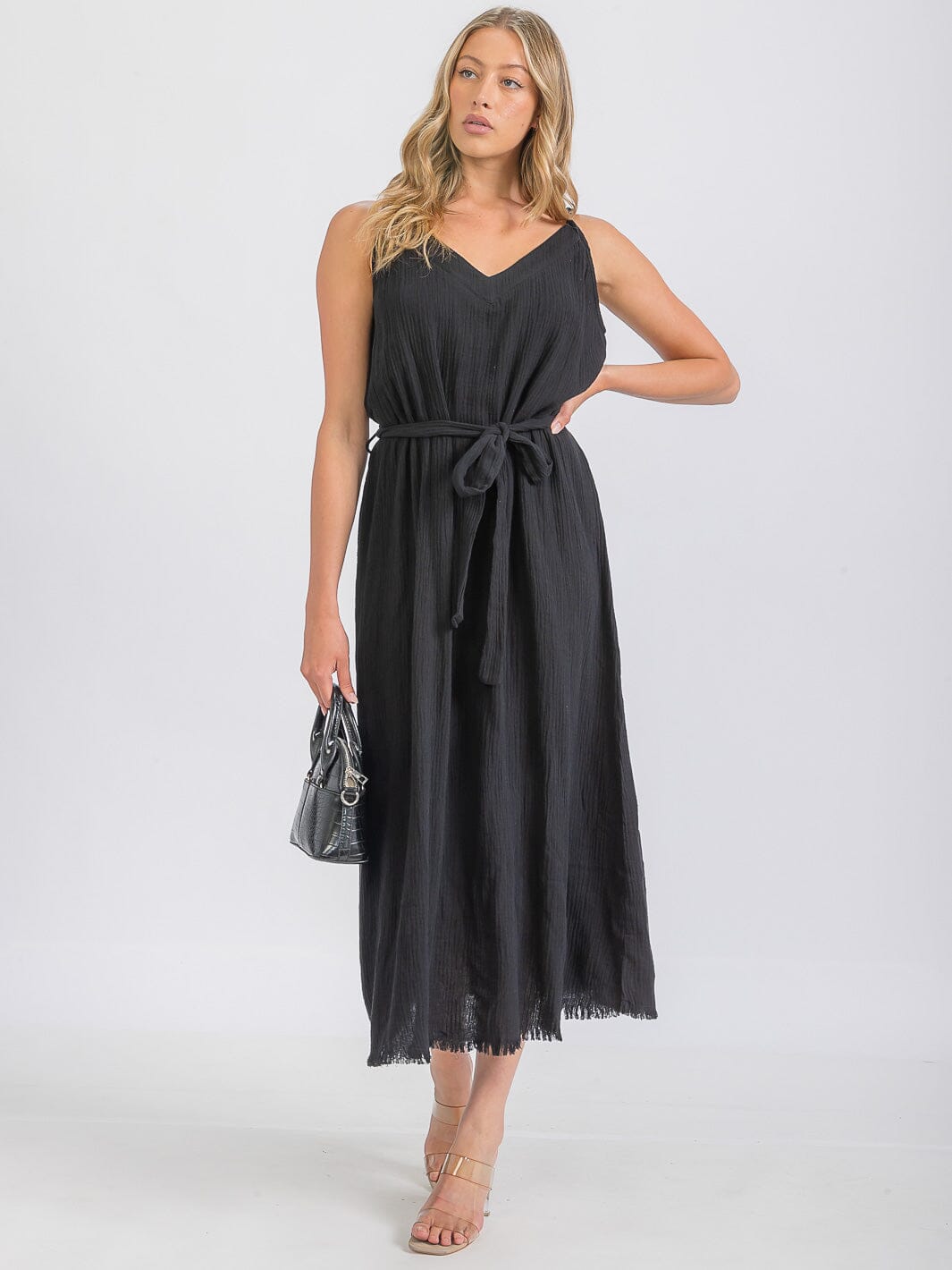 WOMEN'S SLEEVELESS V-NECK GAUZE BELTED MAXI DRESS