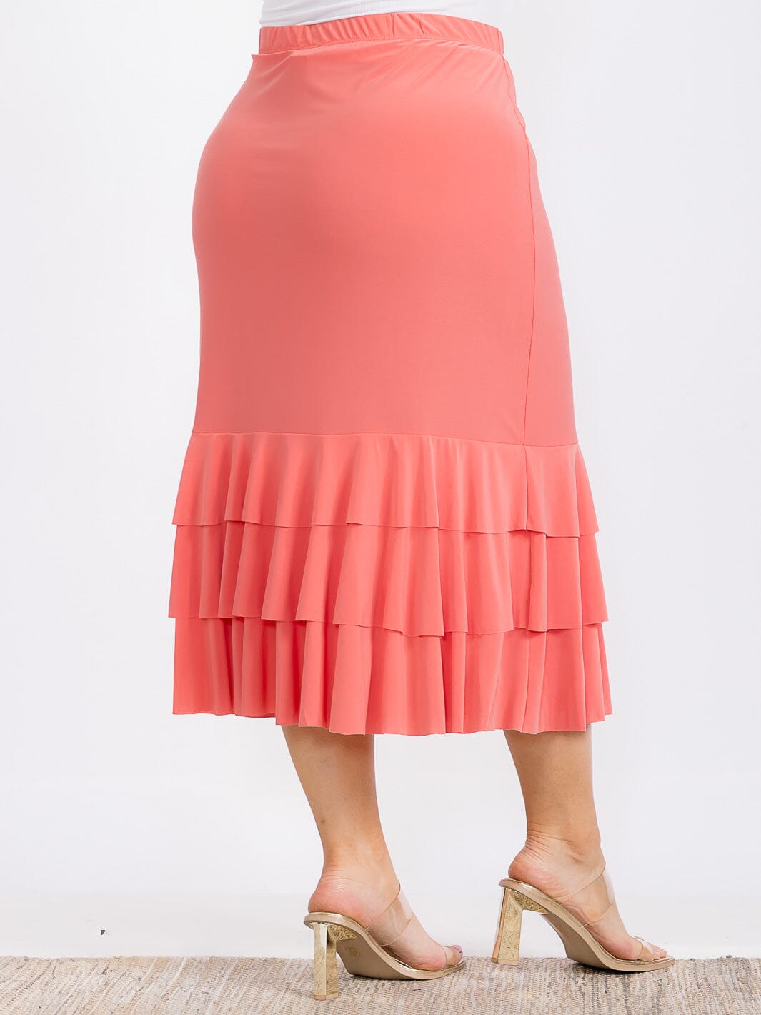 PLUS SIZE ELASTIC WAIST RUFFLE TIERED BOTTOM HEM MIDI SKIRT