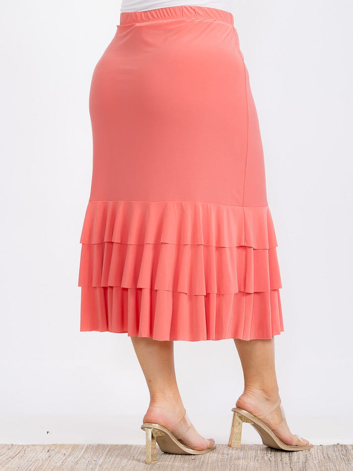 PLUS SIZE ELASTIC WAIST RUFFLE TIERED BOTTOM HEM MIDI SKIRT
