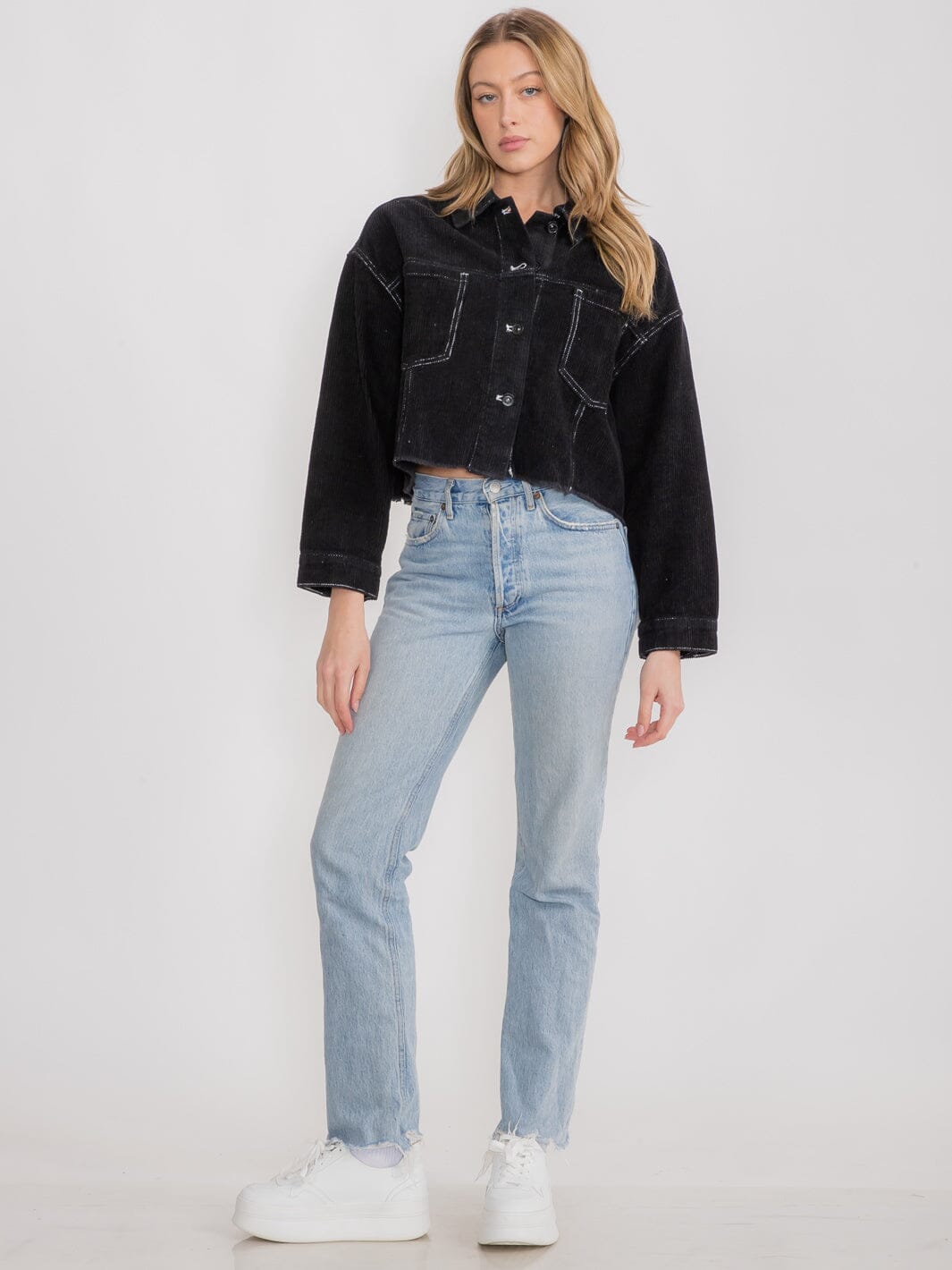 WOMEN'S LONG SLEEVE BUTTON UP FRONT POCKETS CORDUROY JACKET