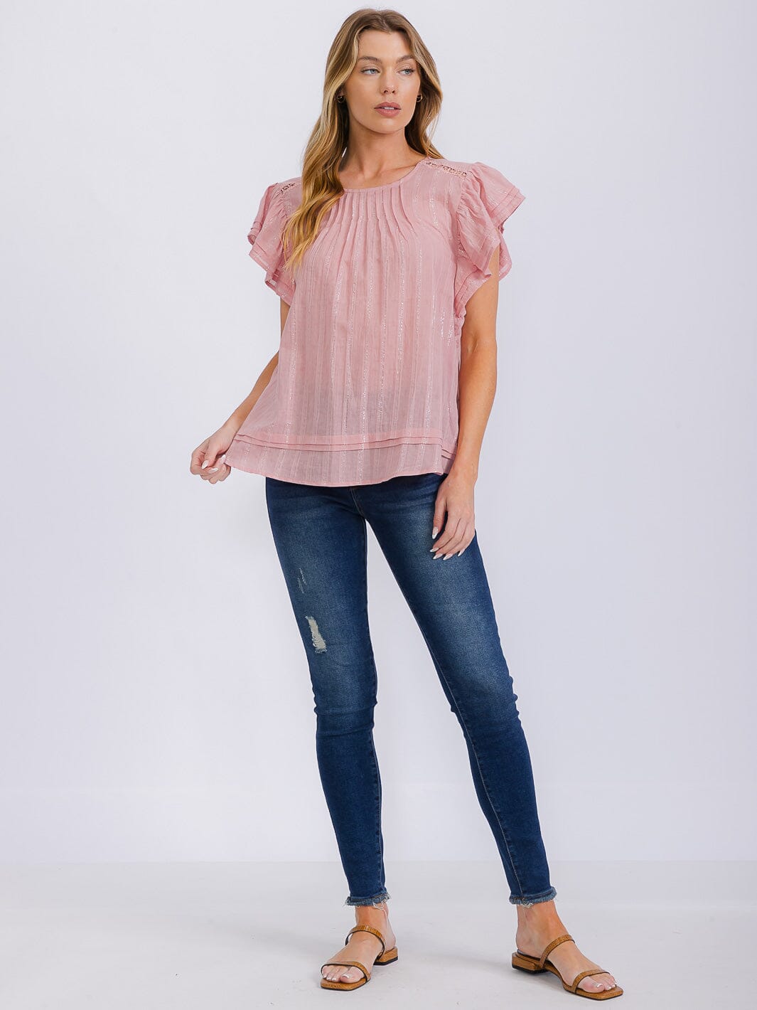 WOMEN'S SHORT RUFFLE SLEEVE SHIMMER DETILED TUNIC BLOUSE