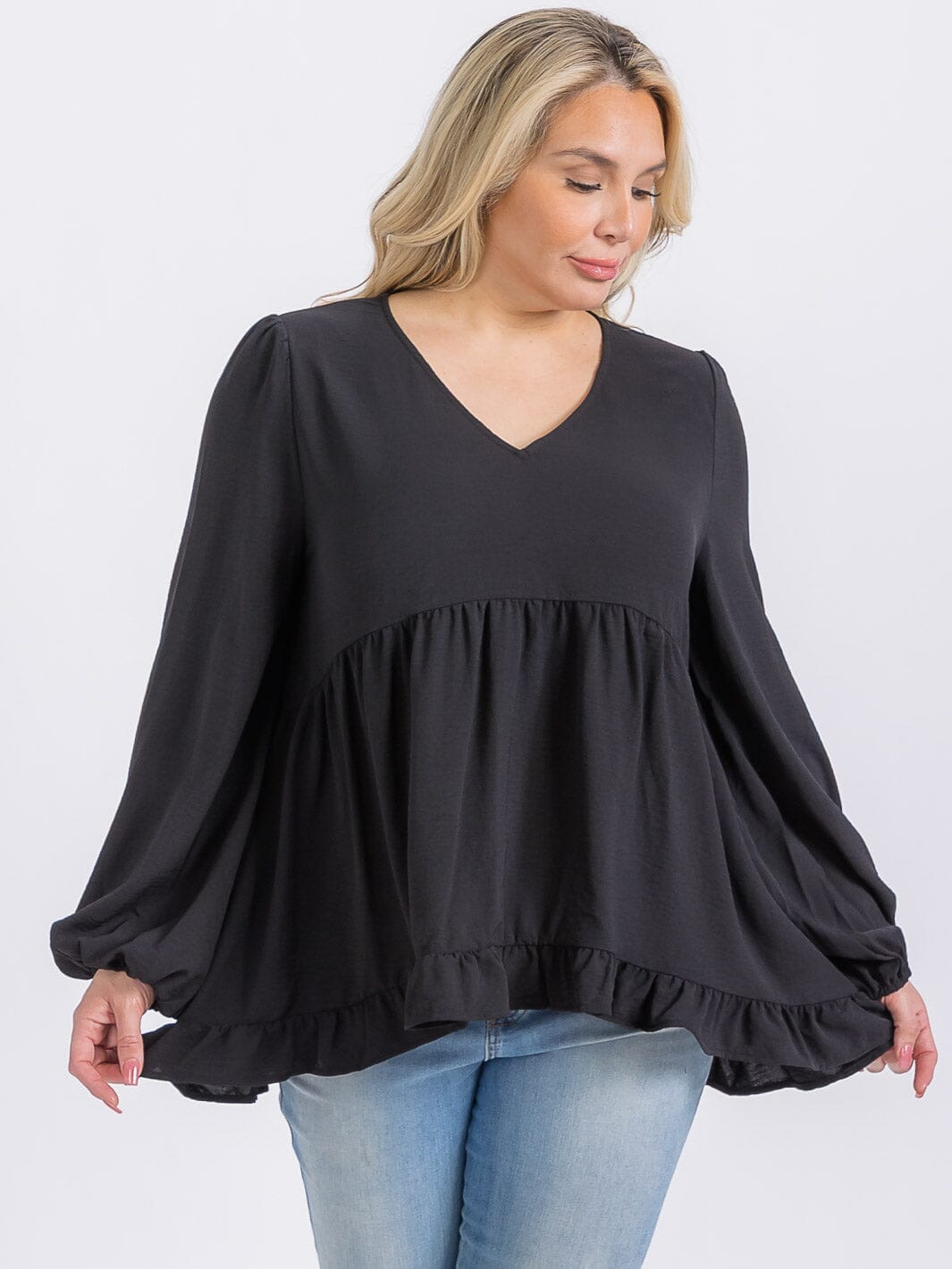 PLUS SIZE LONG SLEEVE V-NECK RUFFLE HIGH-LOW BLOUSE