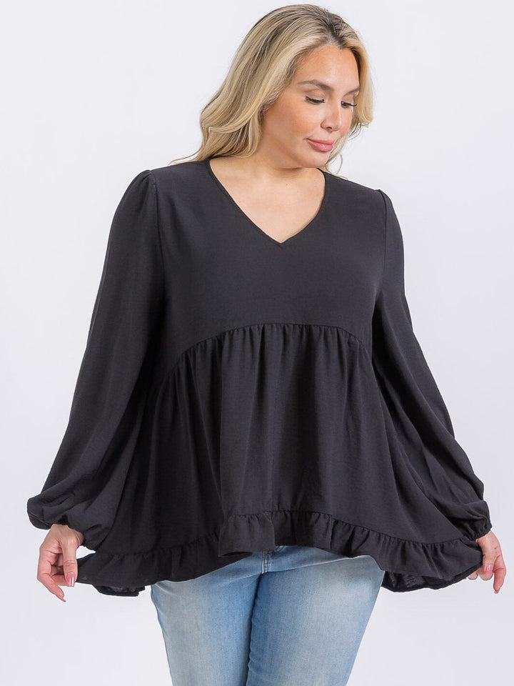 PLUS SIZE LONG SLEEVE V-NECK RUFFLE HIGH-LOW BLOUSE