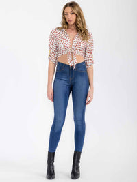 WOMEN'S 3/4 SLEEVE SELF TIE MULTI PRINT CROP TOP