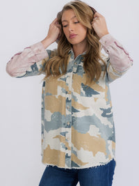 WOMEN'S LONG SLEEVE BUTTON CLOSURE CAMO PRINT HOODED DENIM TOP