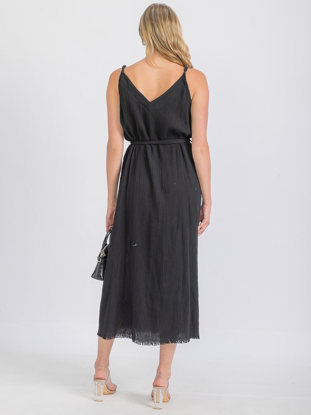 WOMEN'S SLEEVELESS V-NECK GAUZE BELTED MAXI DRESS