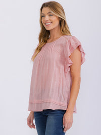 WOMEN'S SHORT RUFFLE SLEEVE SHIMMER DETILED TUNIC BLOUSE