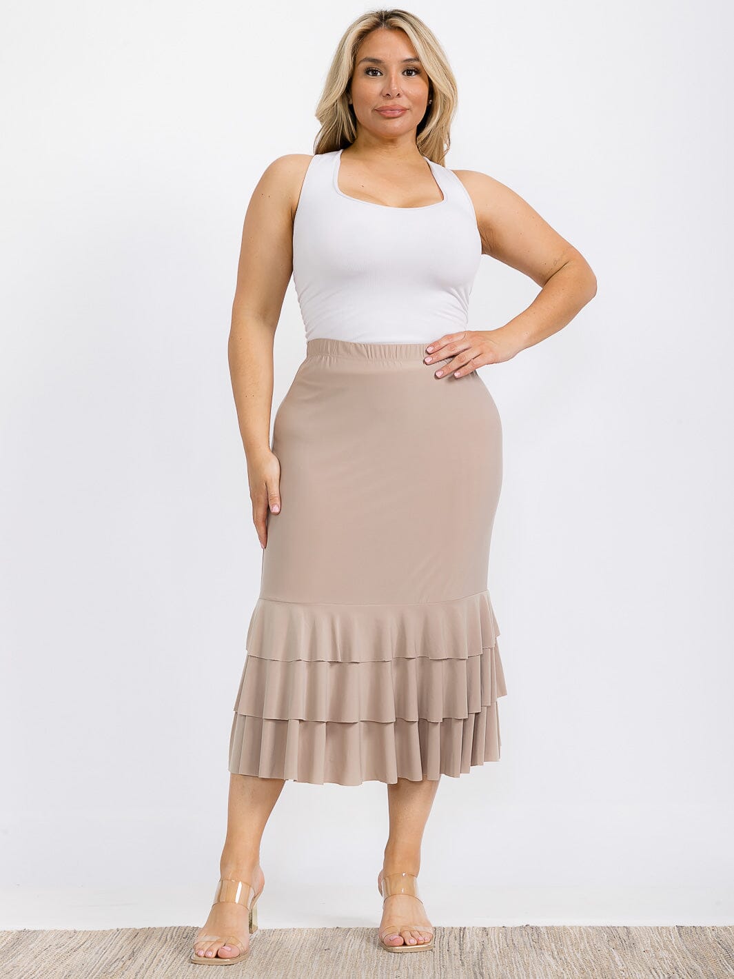 PLUS SIZE ELASTIC WAIST RUFFLE TIERED BOTTOM HEM MIDI SKIRT