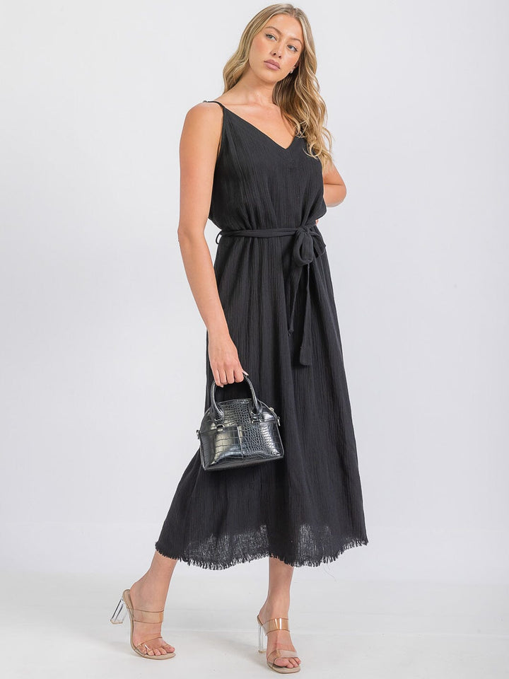 WOMEN'S SLEEVELESS V-NECK GAUZE BELTED MAXI DRESS