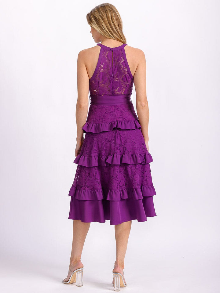 WOMEN'S SLEEVELESS HALTER NECK RUFFLE TIERED LACE SELF TIE MIDI DRESS