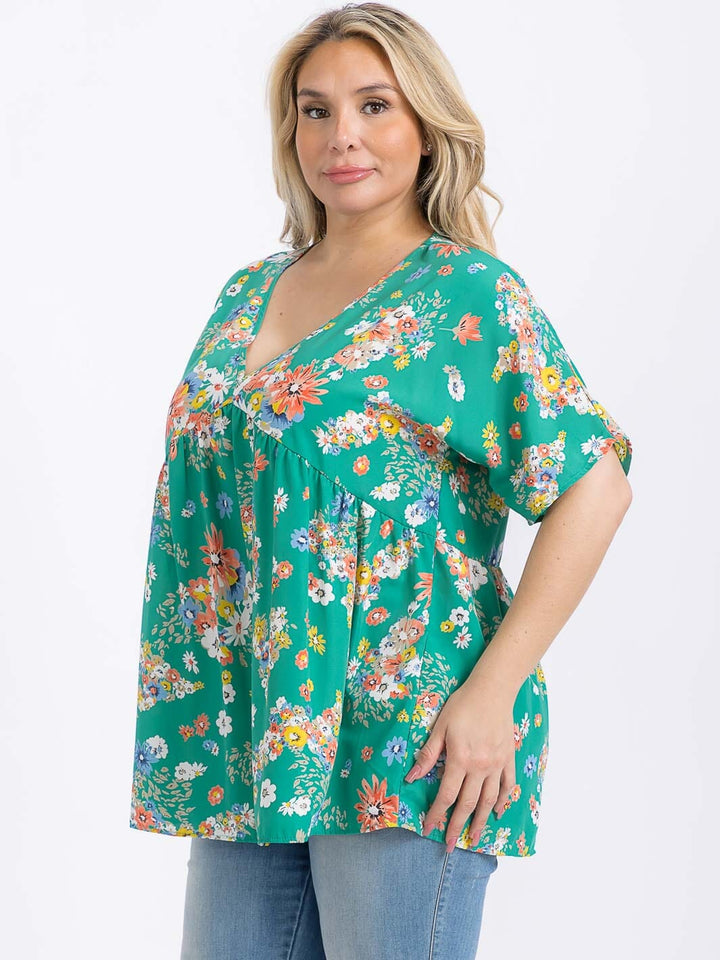 PLUS SIZE SHORT SLEEVE V-NECK FLORAL PRINT BLOUSE
