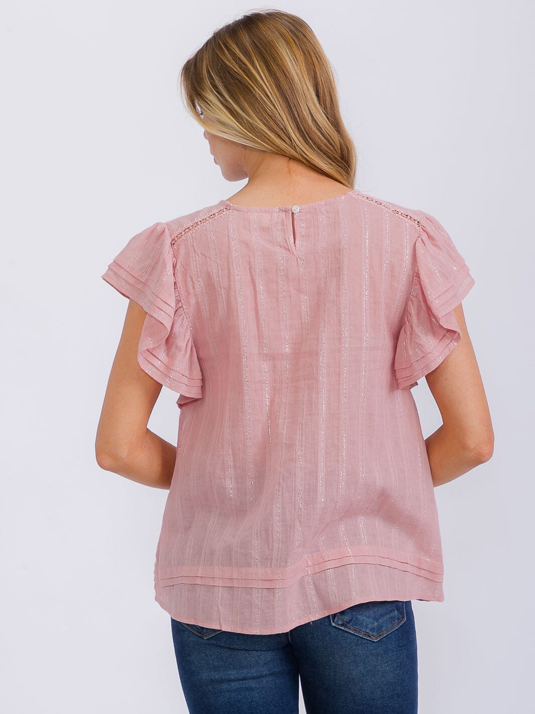 WOMEN'S SHORT RUFFLE SLEEVE SHIMMER DETILED TUNIC BLOUSE