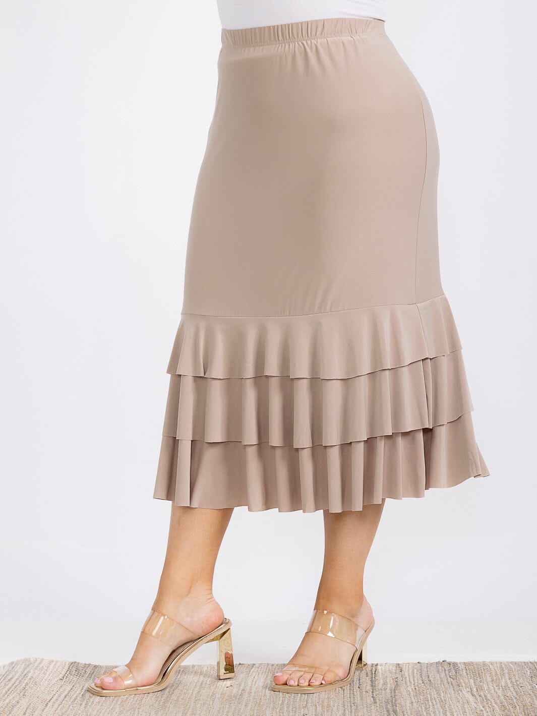 PLUS SIZE ELASTIC WAIST RUFFLE TIERED BOTTOM HEM MIDI SKIRT