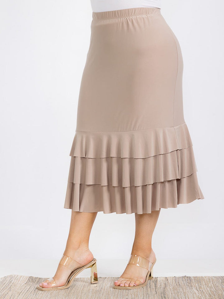 PLUS SIZE ELASTIC WAIST RUFFLE TIERED BOTTOM HEM MIDI SKIRT